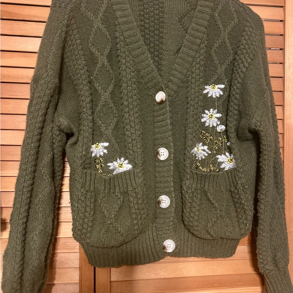 ROMWE Olive Green Embroidered Cardigan